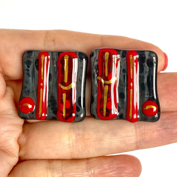 Abstract Geometric Fused Glass Gray Red Gold Black Lightweight Pierced Earrings - Picture 2 of 8